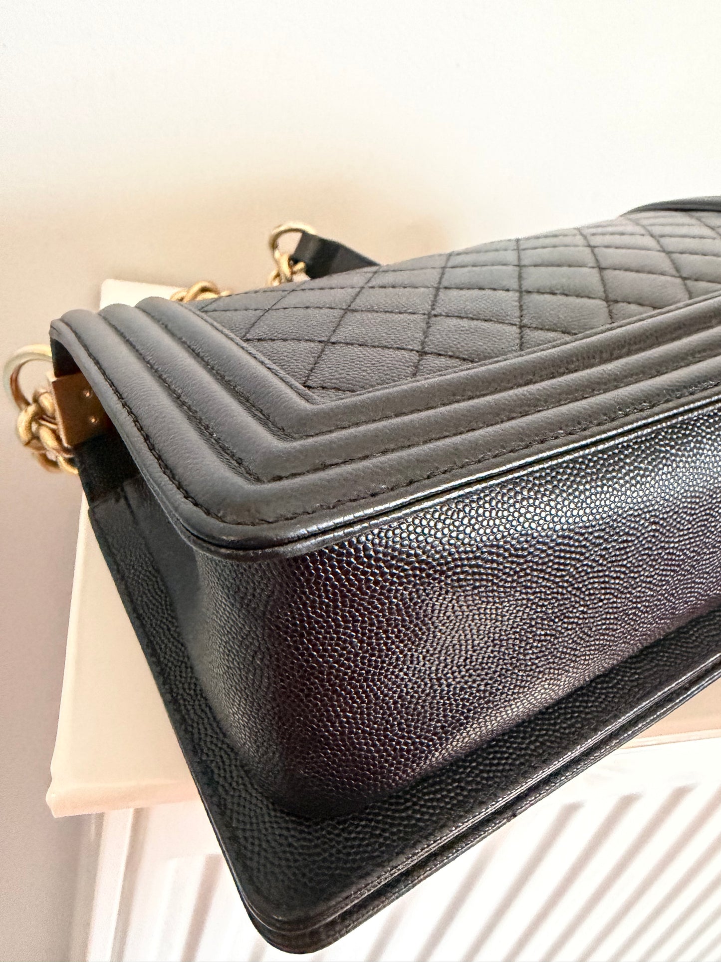 Pre-owned Certified Chanel Medium Boy Bag in Black Caviar Leather with Golden Hardware, 2019-2020, w/ Box, dust bag, authenticity code sticker