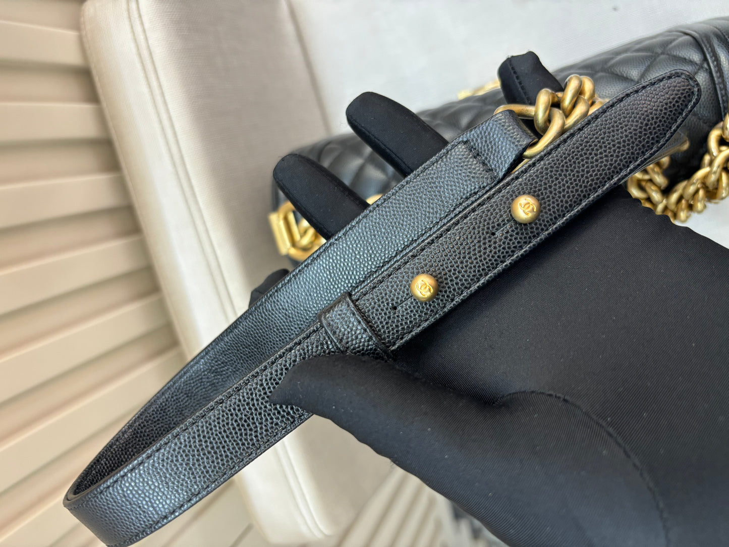 Pre-owned Certified Chanel Medium Boy Bag in Black Caviar Leather with Golden Hardware, 2018-2019,  w/ Chanel box, dust bag