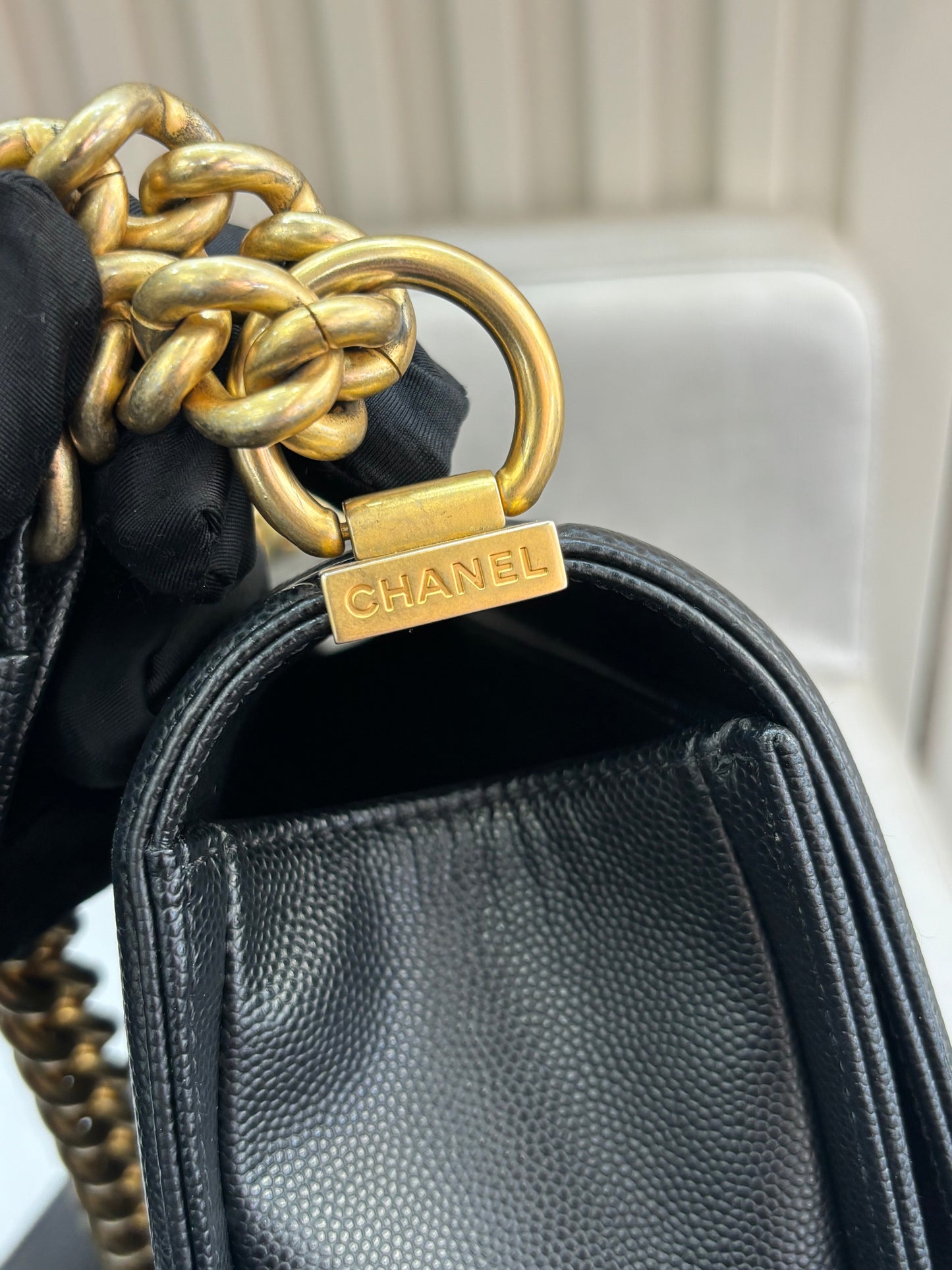 Pre-owned Certified Chanel Medium Boy Bag in Black Caviar Leather with Golden Hardware, 2018-2019,  w/ Chanel box, dust bag