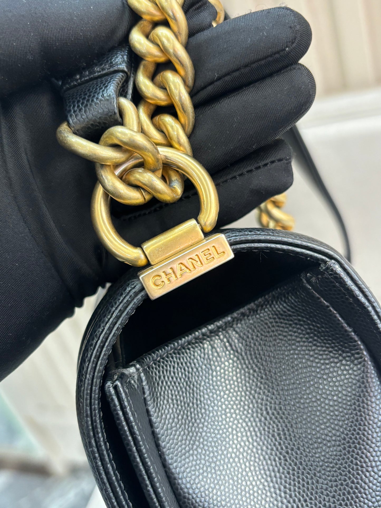 Pre-owned Certified Chanel Medium Boy Bag in Black Caviar Leather with Golden Hardware, 2018-2019,  w/ Chanel box, dust bag