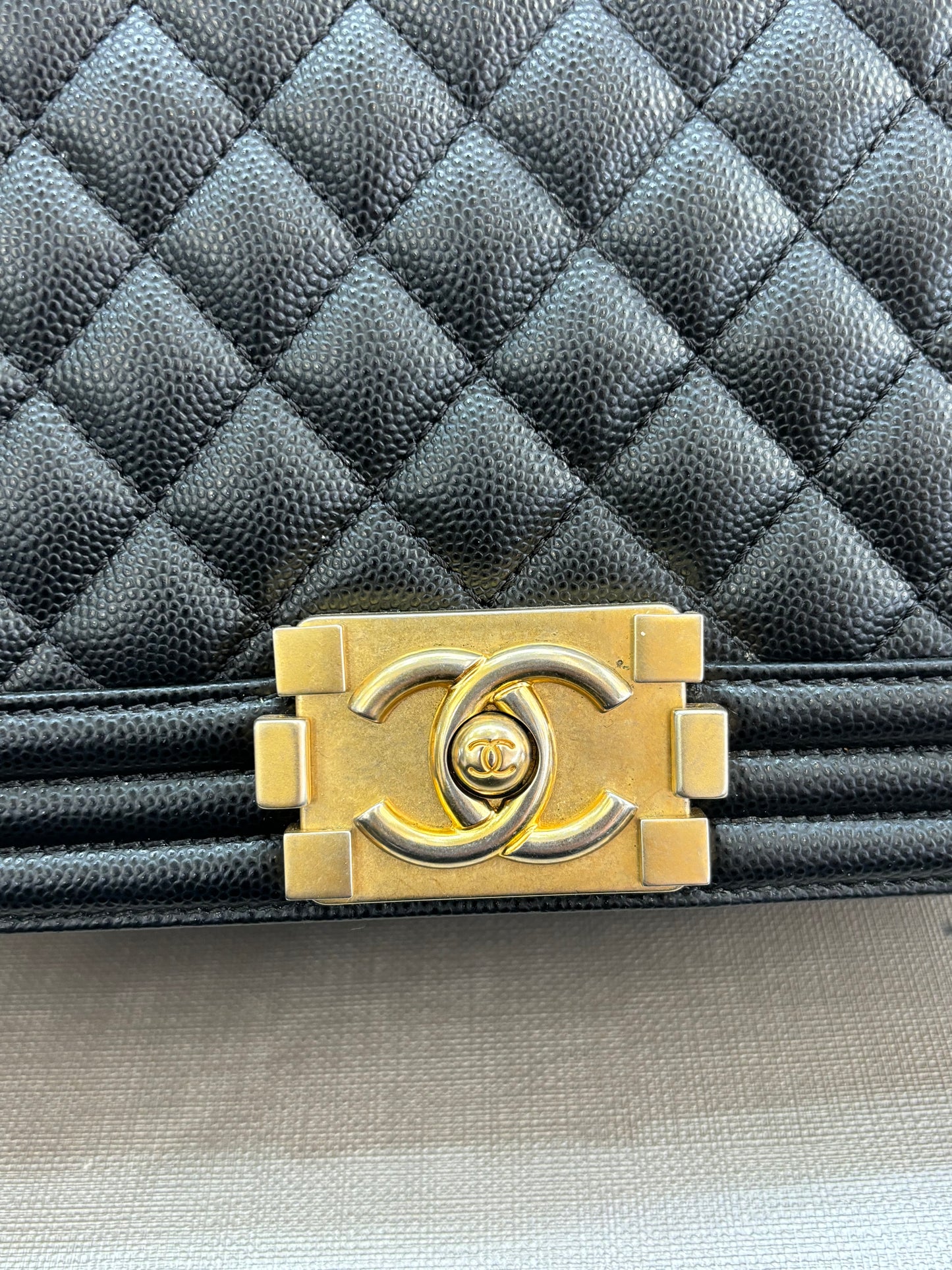 Pre-owned Certified Chanel Medium Boy Bag in Black Caviar Leather with Golden Hardware, 2018-2019,  w/ Chanel box, dust bag