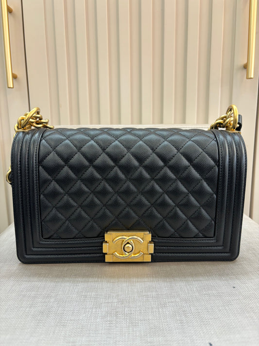 Pre-owned Certified Chanel Medium Boy Bag in Black Caviar Leather with Golden Hardware, 2018-2019,  w/ Chanel box, dust bag