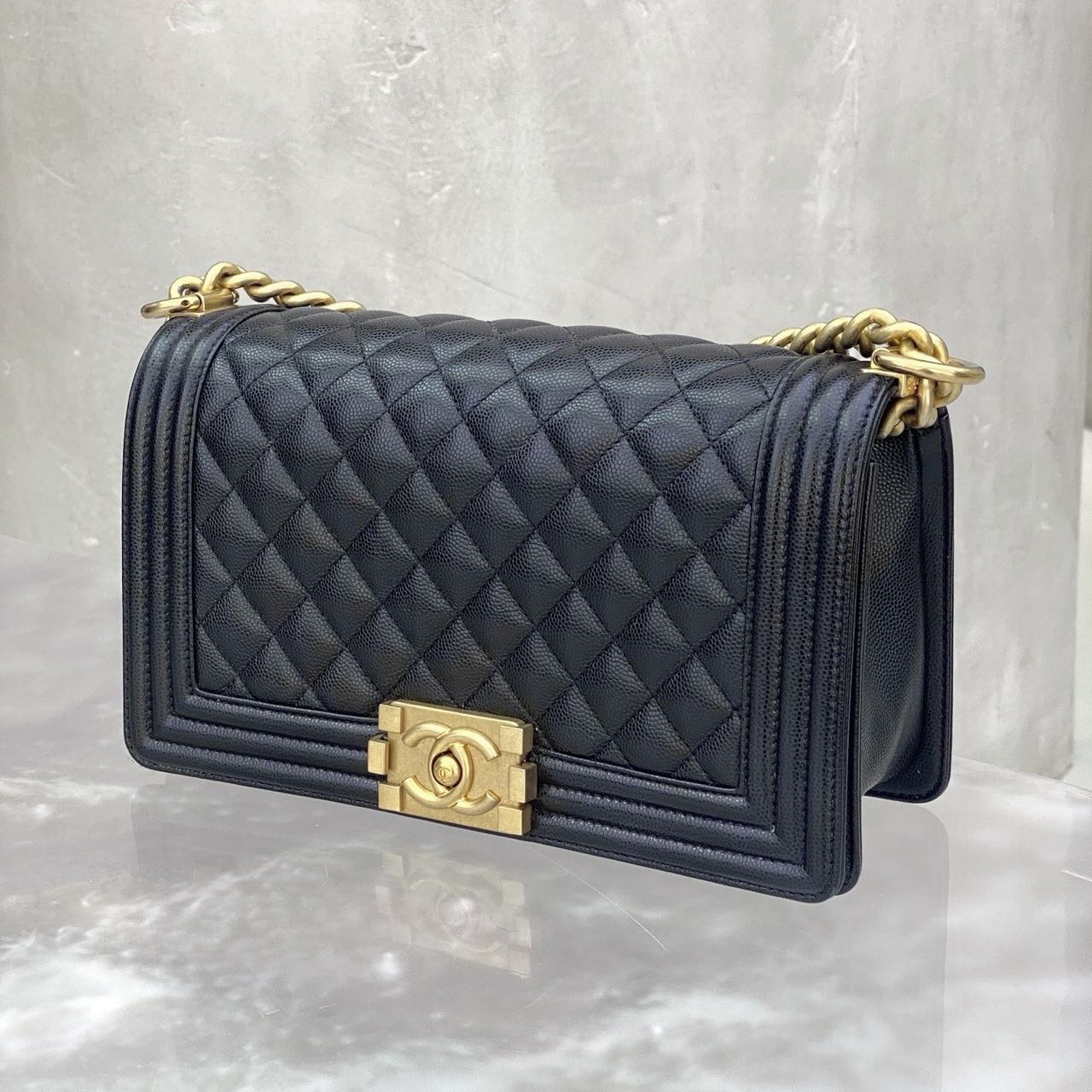 Pre-owned Certified Chanel Medium Boy Bag in Black Caviar Leather with Golden Hardware, Microchipped,  w/ full set