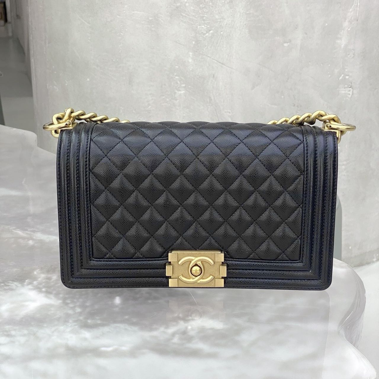 Pre-owned Certified Chanel Medium Boy Bag in Black Caviar Leather with Golden Hardware, Microchipped,  w/ full set