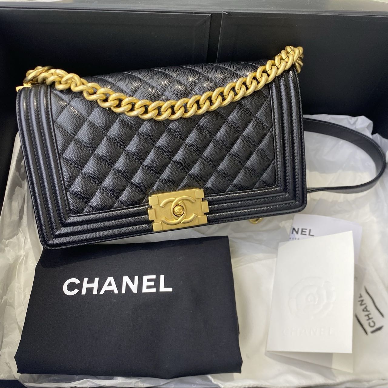 Pre-owned Certified Chanel Medium Boy Bag in Black Caviar Leather with Golden Hardware, Microchipped,  w/ full set