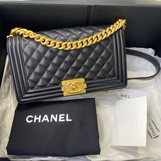 Pre-owned Certified Chanel Medium Boy Bag in Black Caviar Leather with Golden Hardware, Microchipped,  w/ full set