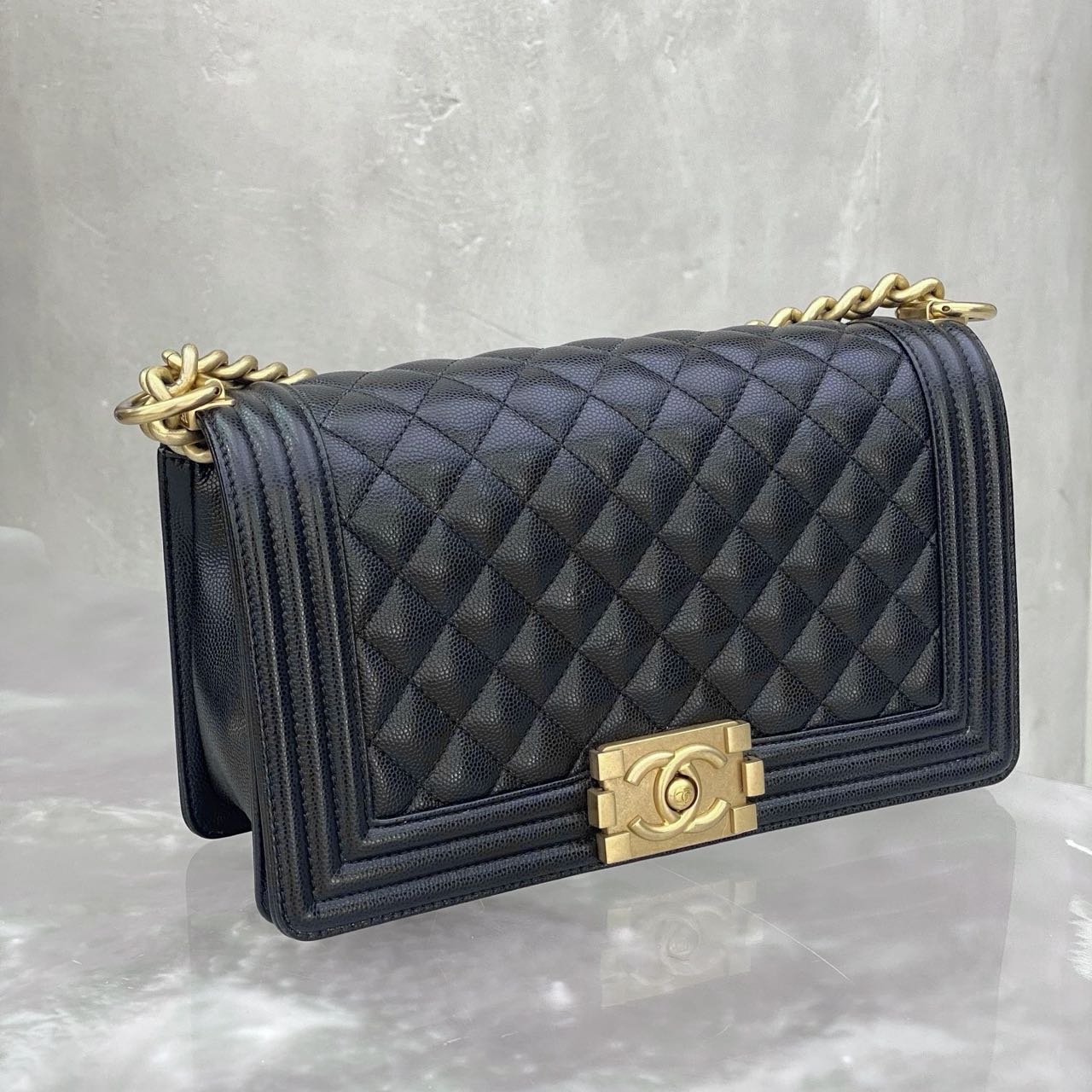 Pre-owned Certified Chanel Medium Boy Bag in Black Caviar Leather with Golden Hardware, Microchipped,  w/ full set
