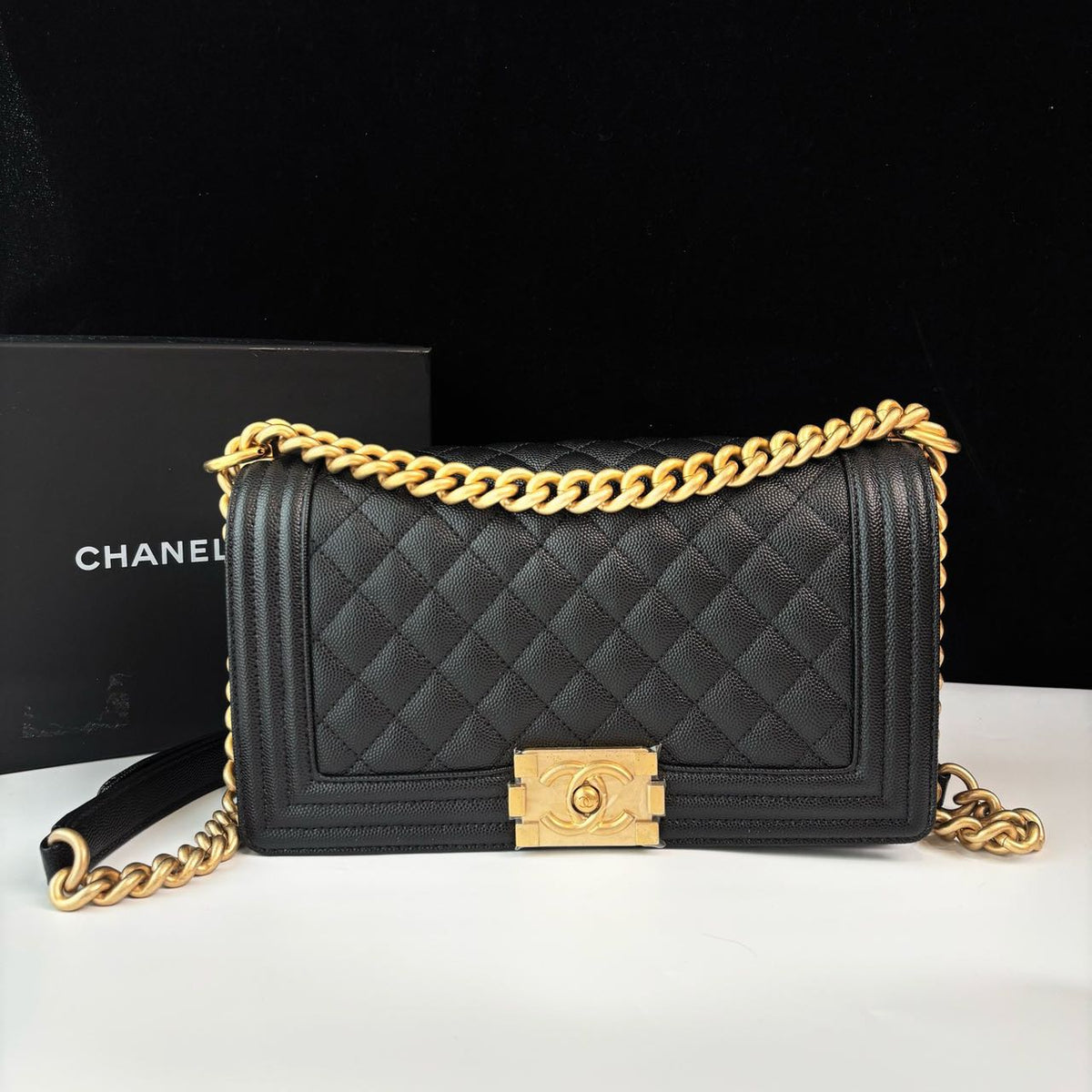 Pre-owned Certified Chanel Medium Boy Bag in Black Caviar Leather with Golden Hardware, 2024, w/ full set