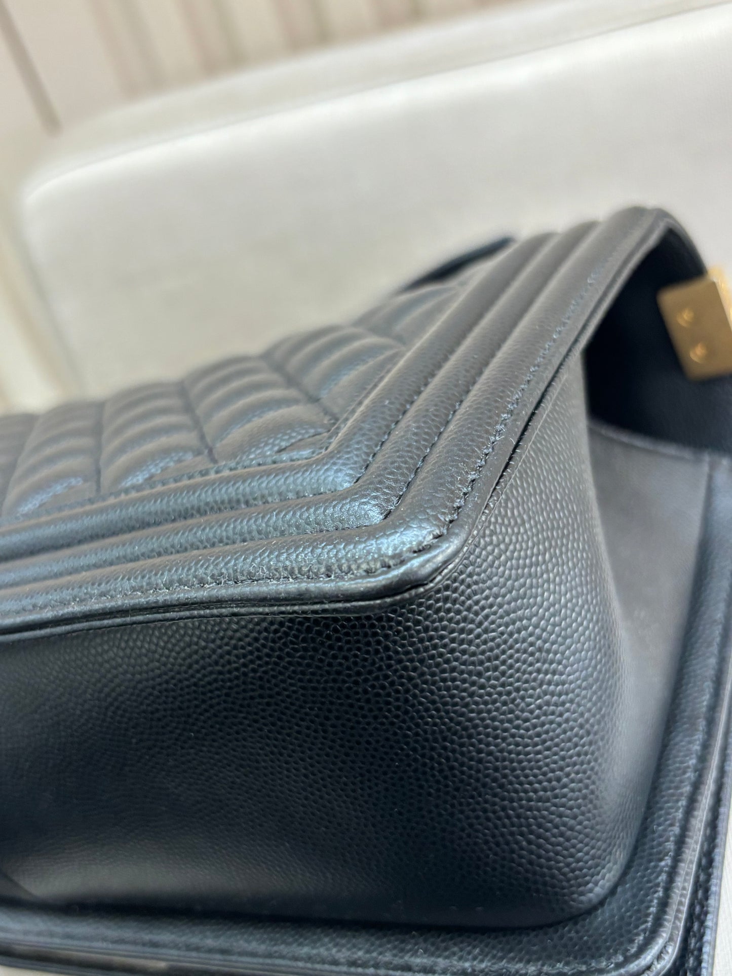 Pre-owned Certified Chanel Medium Boy Bag in Black Caviar Leather with Golden Hardware, 2018-2019,  w/ Chanel box, dust bag