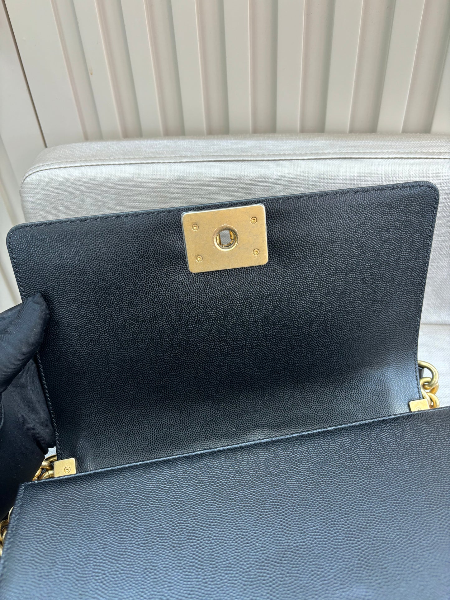 Pre-owned Certified Chanel Medium Boy Bag in Black Caviar Leather with Golden Hardware, 2018-2019,  w/ Chanel box, dust bag