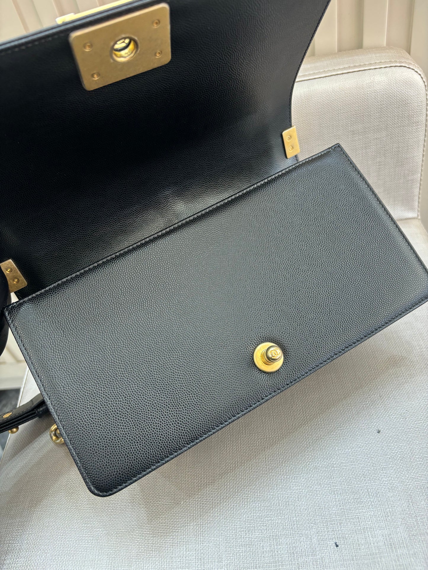 Pre-owned Certified Chanel Medium Boy Bag in Black Caviar Leather with Golden Hardware, 2018-2019,  w/ Chanel box, dust bag