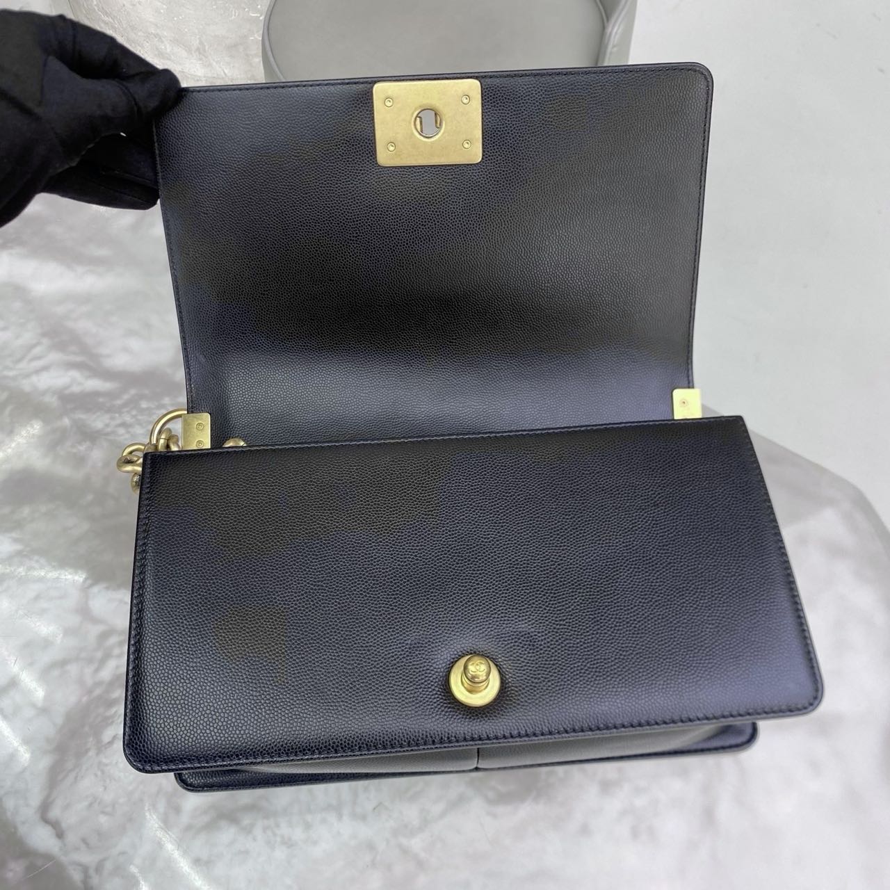 Pre-owned Certified Chanel Medium Boy Bag in Black Caviar Leather with Golden Hardware, Microchipped,  w/ full set
