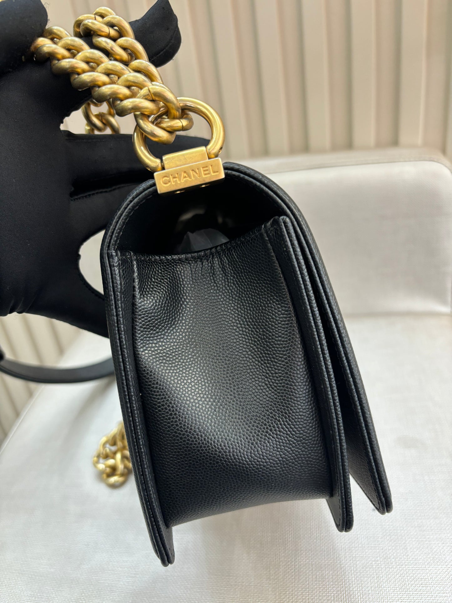Pre-owned Certified Chanel Medium Boy Bag in Black Caviar Leather with Golden Hardware, 2018-2019,  w/ Chanel box, dust bag