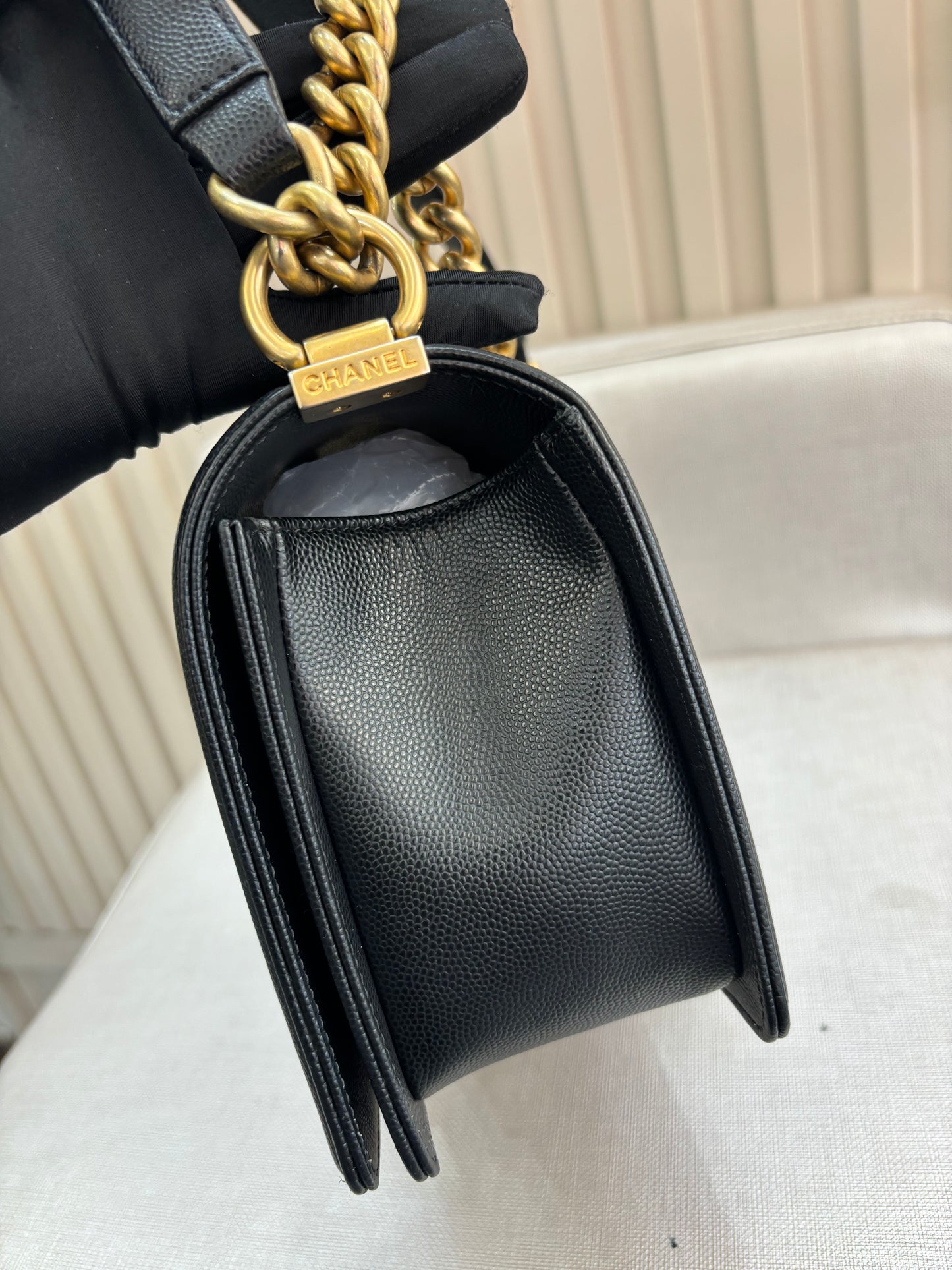 Pre-owned Certified Chanel Medium Boy Bag in Black Caviar Leather with Golden Hardware, 2018-2019,  w/ Chanel box, dust bag