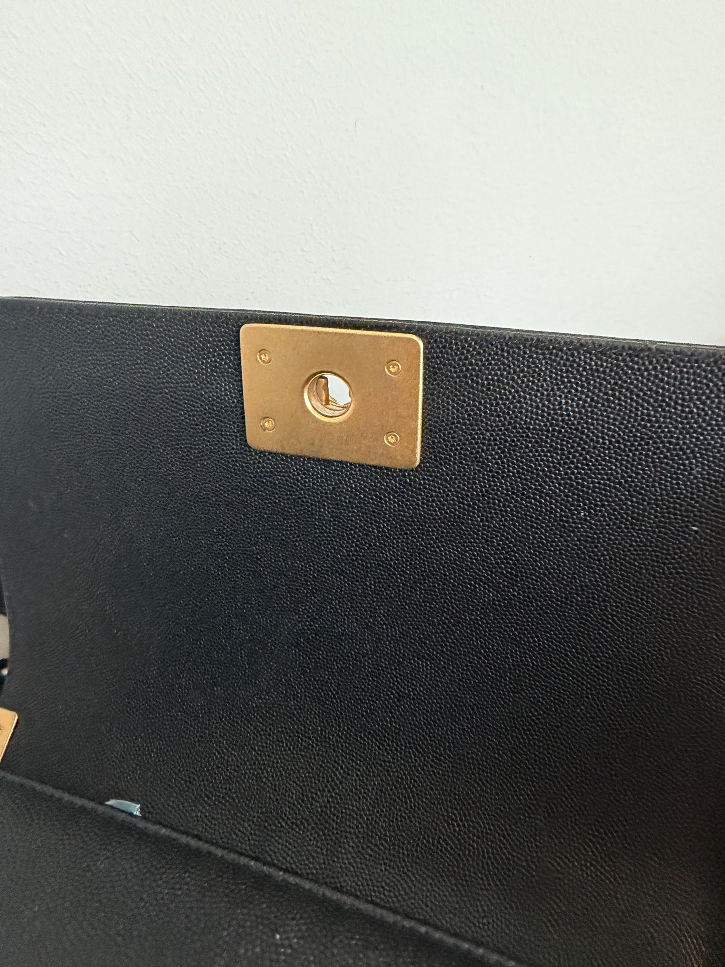 Pre-owned Certified Chanel Medium Boy Bag in Black Caviar Leather with Golden Hardware, 2019-2020, w/ Box, dust bag, authenticity code sticker