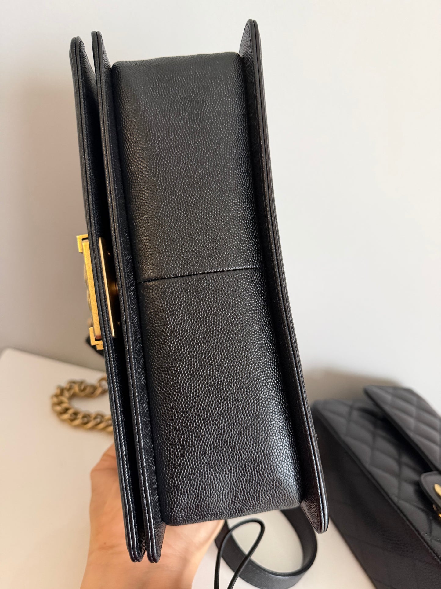 Pre-owned Certified Chanel Medium Boy Bag in Black Caviar Leather with Golden Hardware, 2019-2020, w/ Box, dust bag, authenticity code sticker