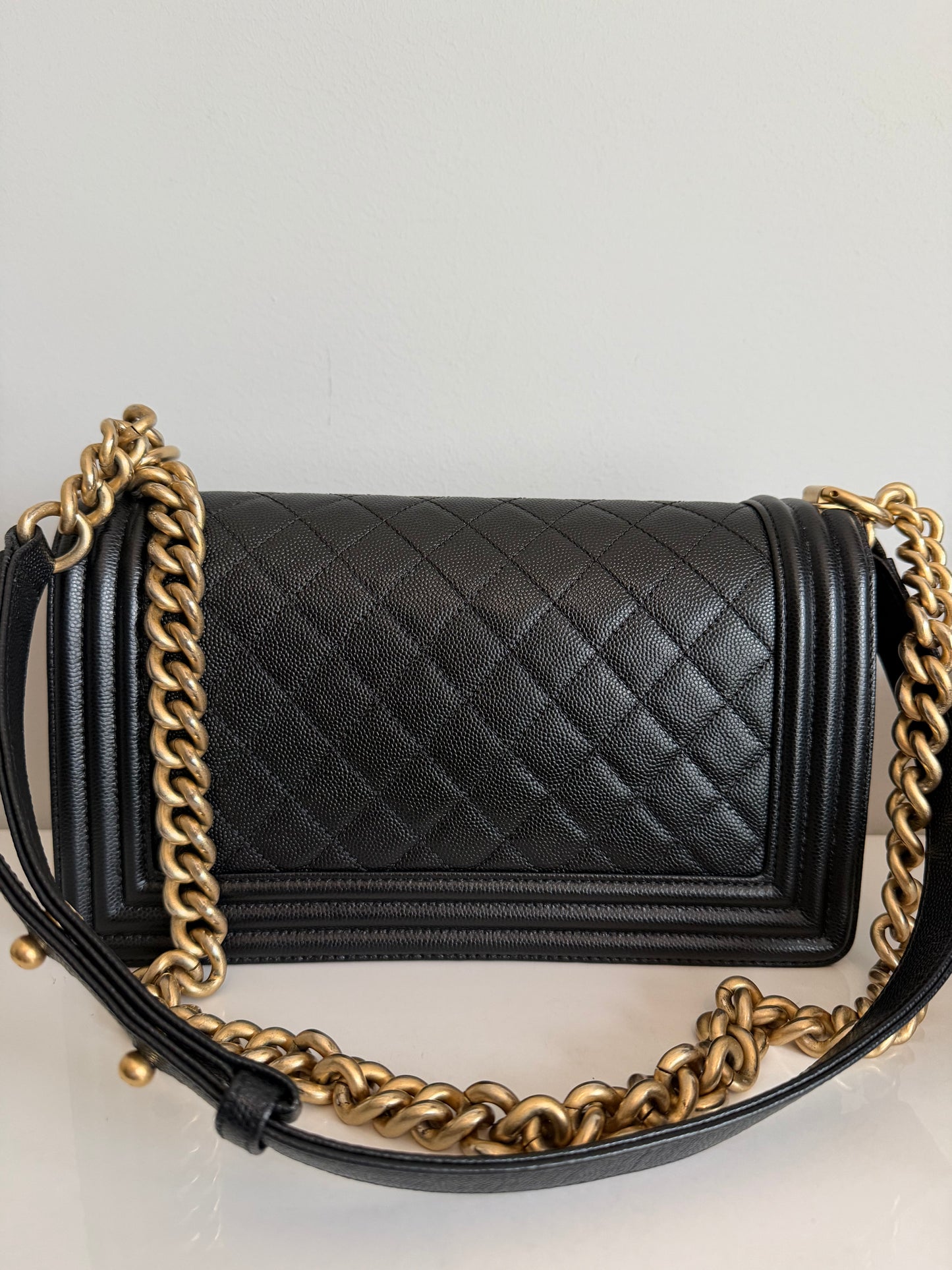 Pre-owned Certified Chanel Medium Boy Bag in Black Caviar Leather with Golden Hardware, 2019-2020, w/ Box, dust bag, authenticity code sticker