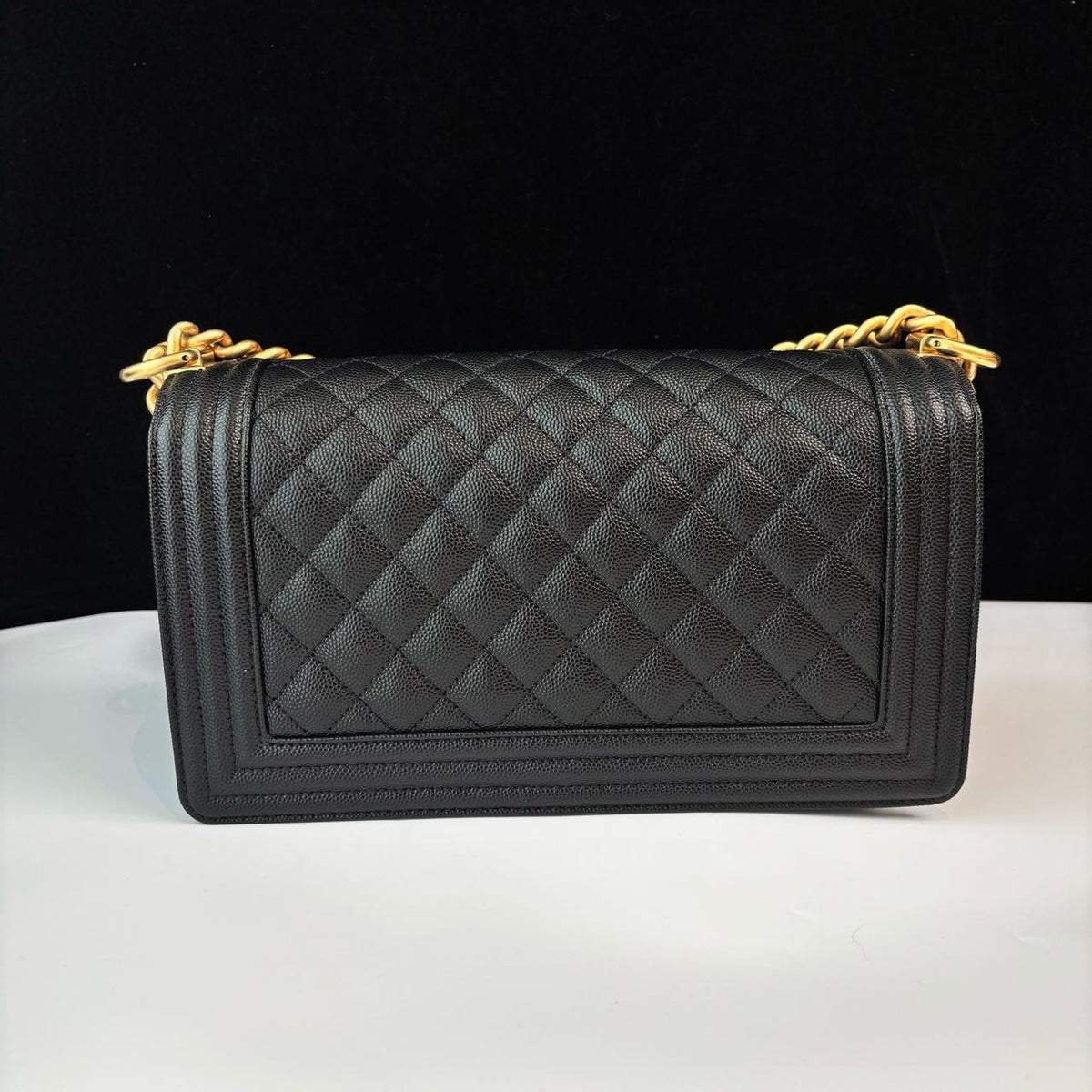 Pre-owned Certified Chanel Medium Boy Bag in Black Caviar Leather with Golden Hardware, 2024, w/ full set