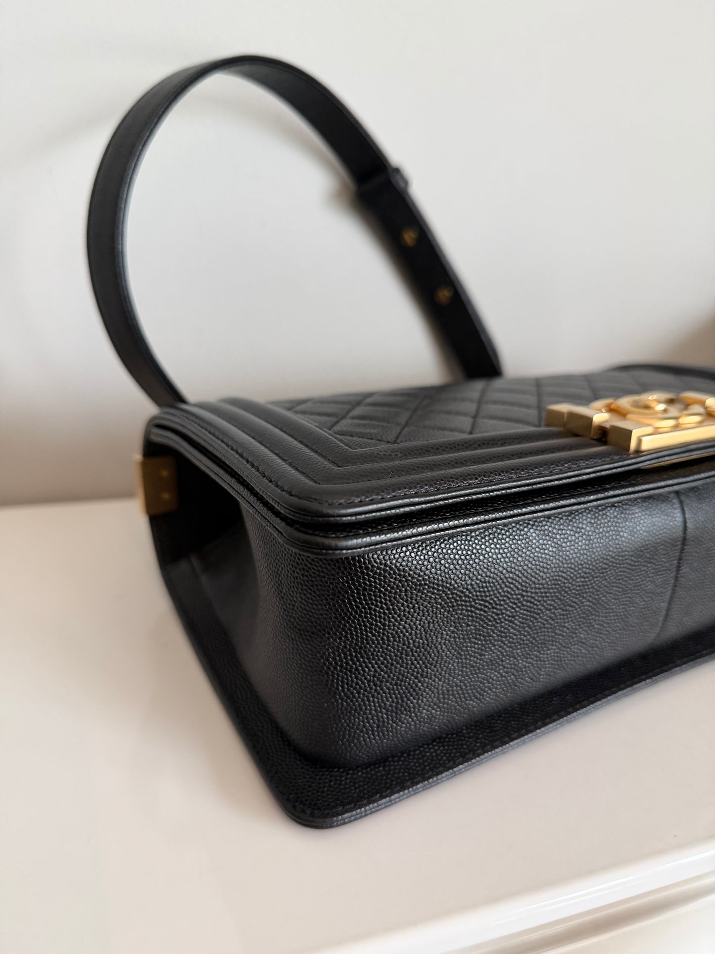 Pre-owned Certified Chanel Medium Boy Bag in Black Caviar Leather with Golden Hardware, 2019-2020, w/ Box, dust bag, authenticity code sticker