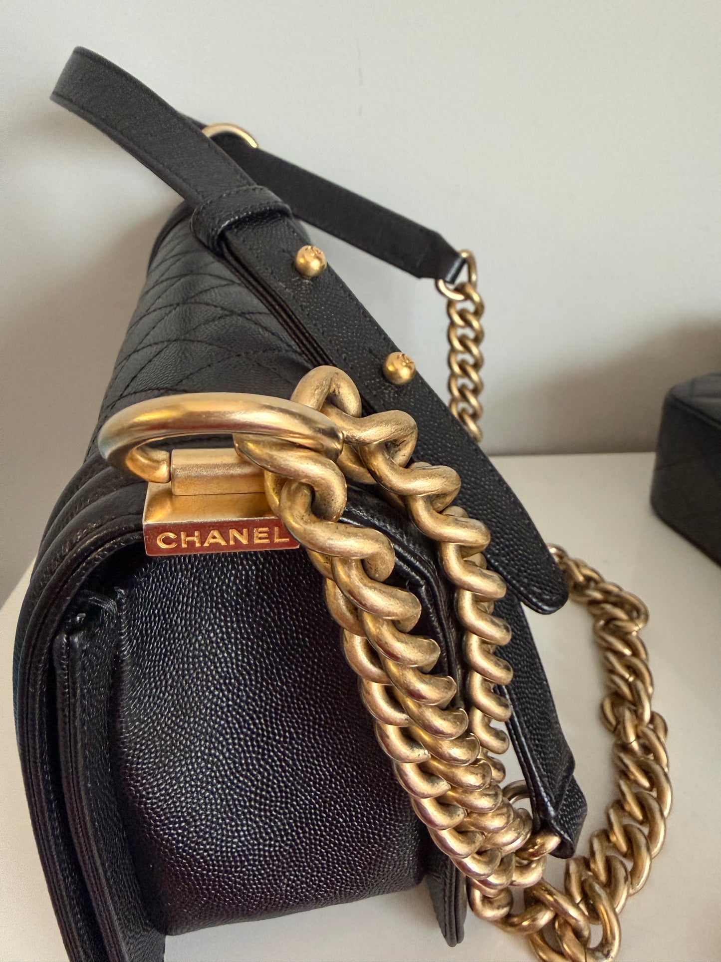 Pre-owned Certified Chanel Medium Boy Bag in Black Caviar Leather with Golden Hardware, 2019-2020, w/ Box, dust bag, authenticity code sticker