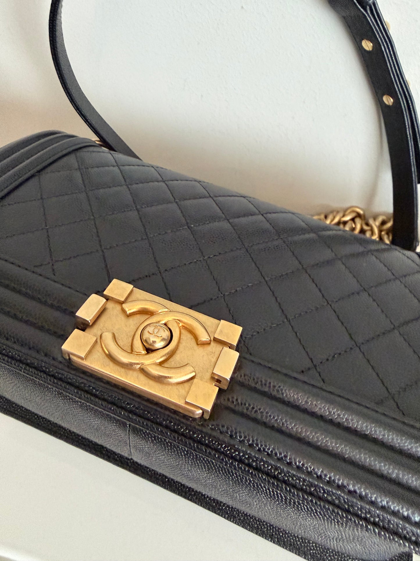 Pre-owned Certified Chanel Medium Boy Bag in Black Caviar Leather with Golden Hardware, 2019-2020, w/ Box, dust bag, authenticity code sticker