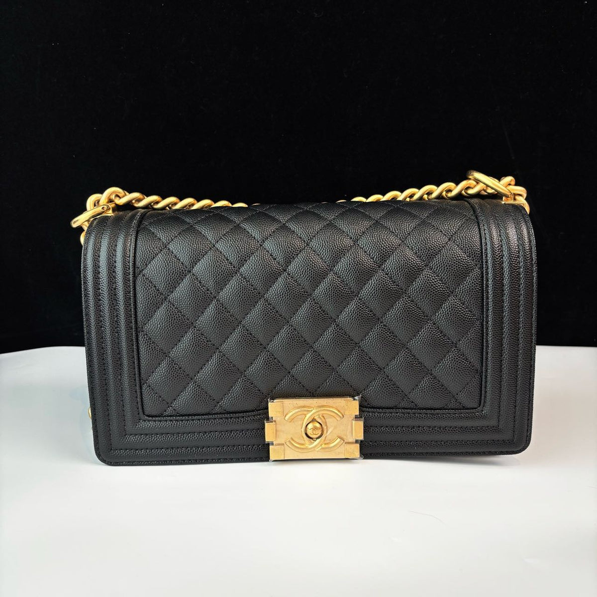 Pre-owned Certified Chanel Medium Boy Bag in Black Caviar Leather with Golden Hardware, 2024, w/ full set