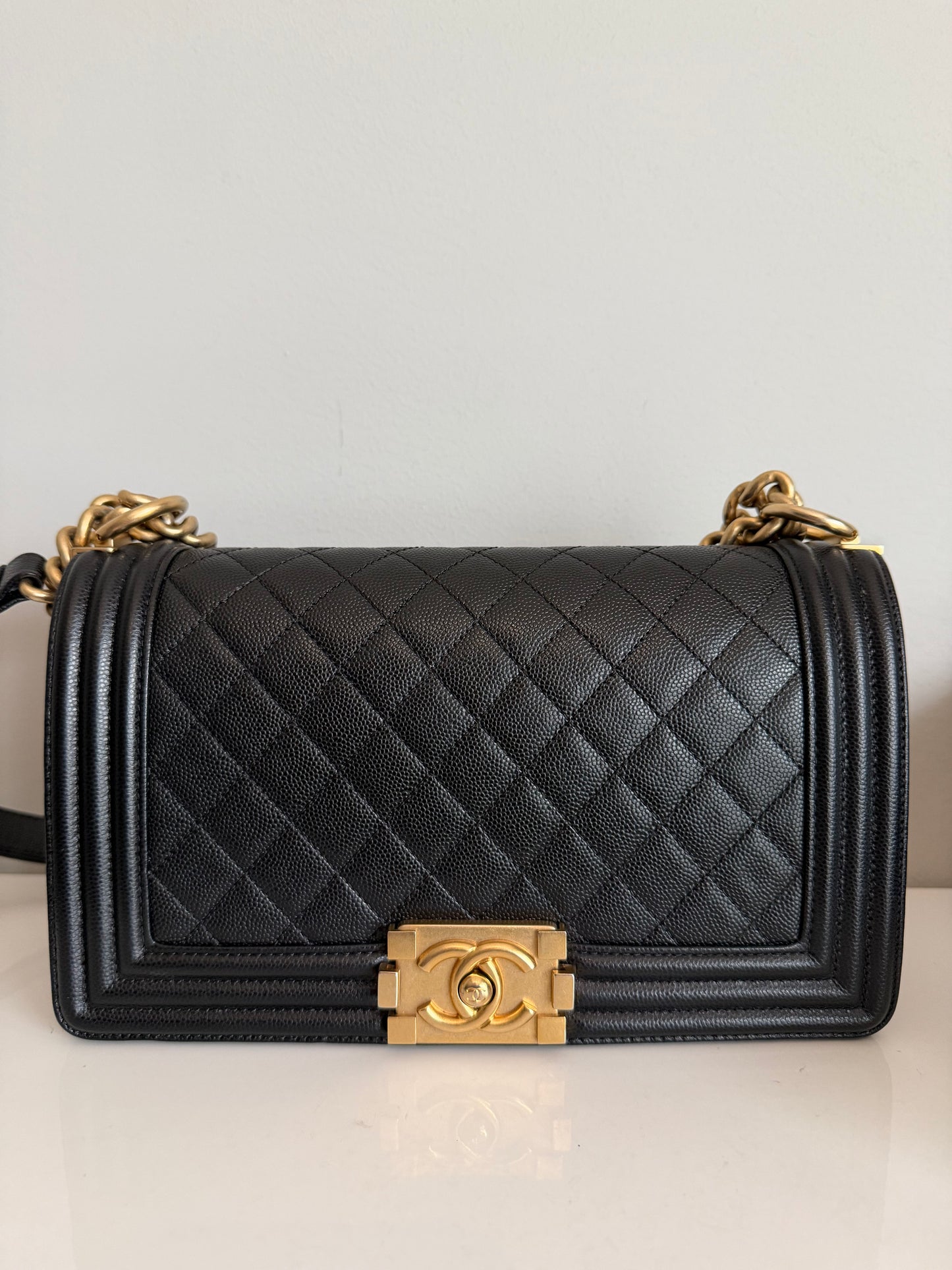 Pre-owned Certified Chanel Medium Boy Bag in Black Caviar Leather with Golden Hardware, 2019-2020, w/ Box, dust bag, authenticity code sticker