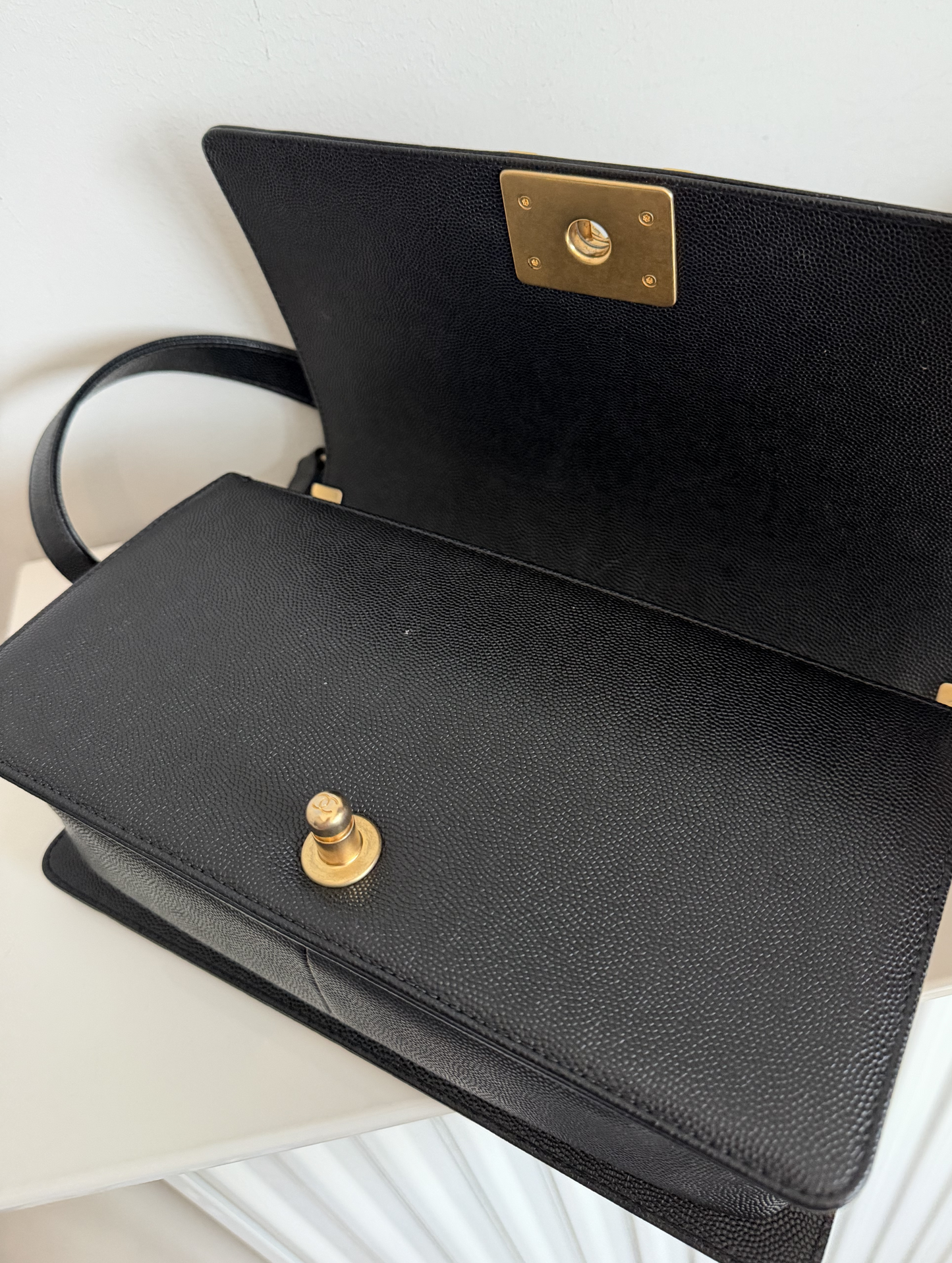 Pre-owned Certified Chanel Medium Boy Bag in Black Caviar Leather with Golden Hardware, 2019-2020, w/ Box, dust bag, authenticity code sticker