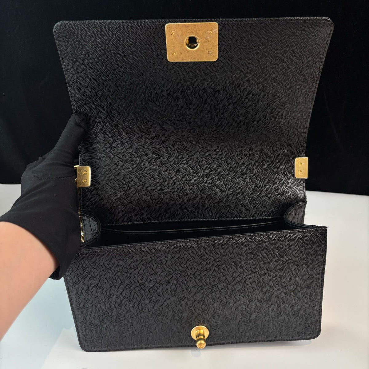 Pre-owned Certified Chanel Medium Boy Bag in Black Caviar Leather with Golden Hardware, 2024, w/ full set
