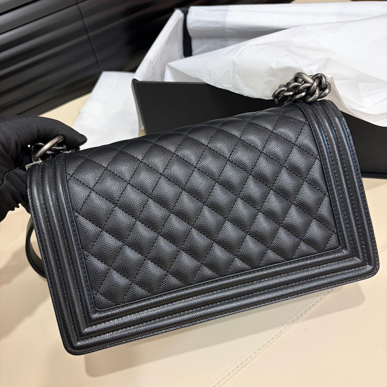 Pre-owned Certified Chanel Medium Boy Bag in Black Caviar Leather with Silver Hardware,  w/ full set