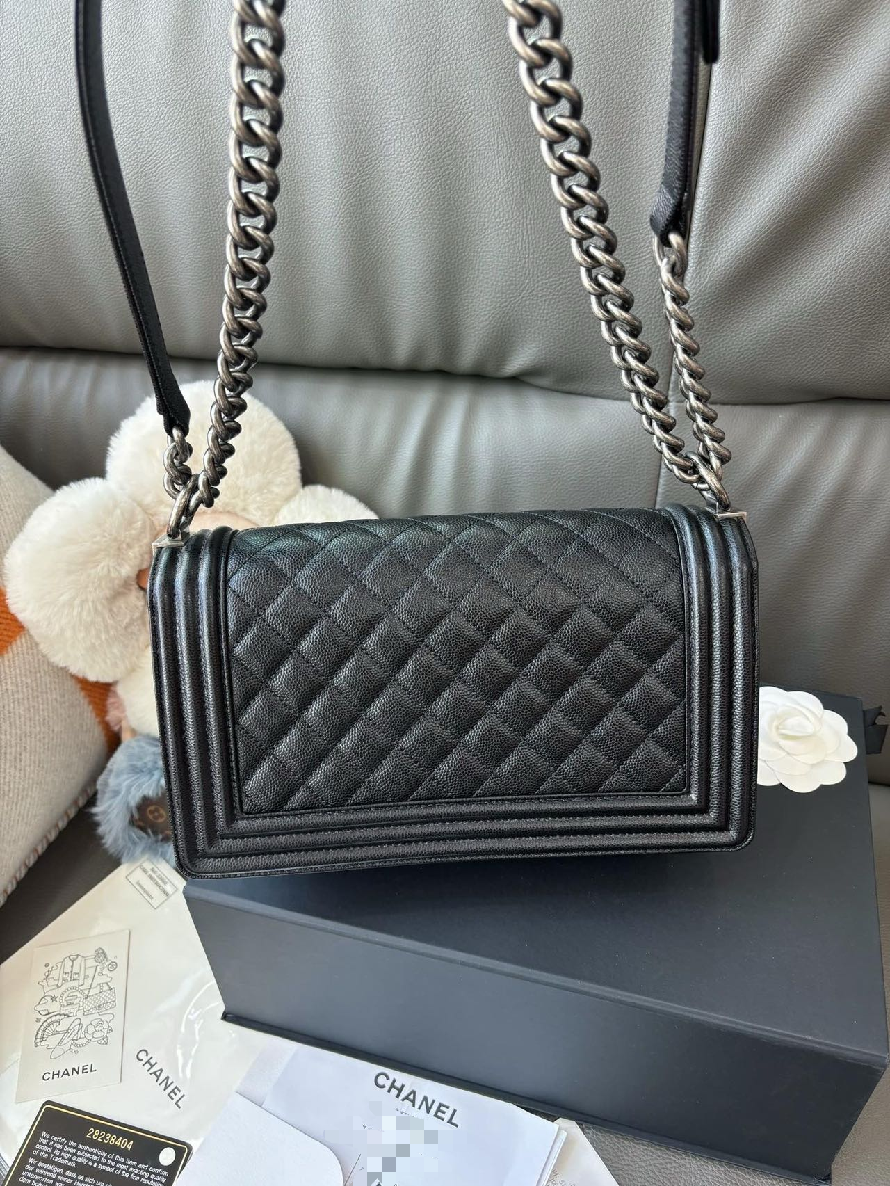 Pre-owned Certified Chanel Medium Boy Bag in Black Caviar Leather with Silver Hardware, 2019-2020,  w/ full set