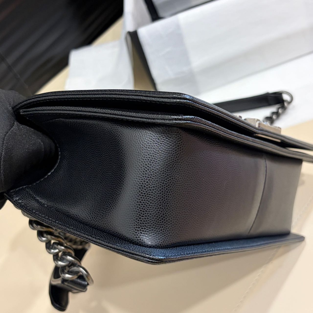Pre-owned Certified Chanel Medium Boy Bag in Black Caviar Leather with Silver Hardware,  w/ full set