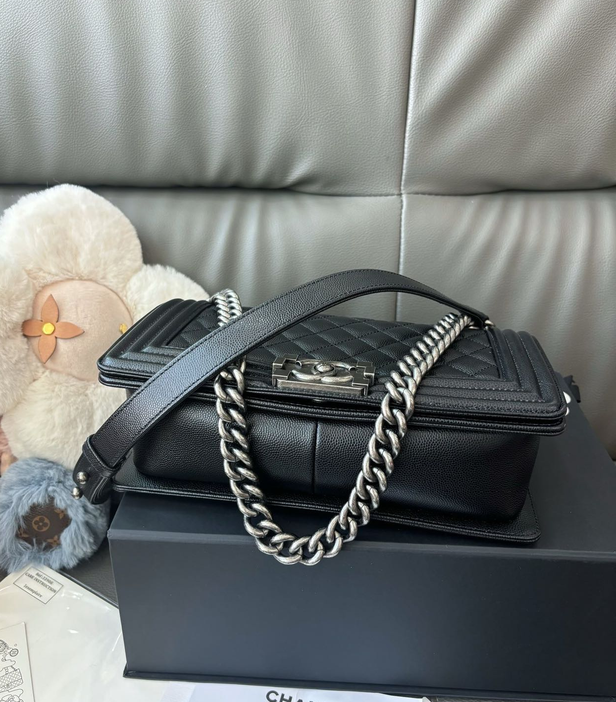 Pre-owned Certified Chanel Medium Boy Bag in Black Caviar Leather with Silver Hardware, 2019-2020,  w/ full set