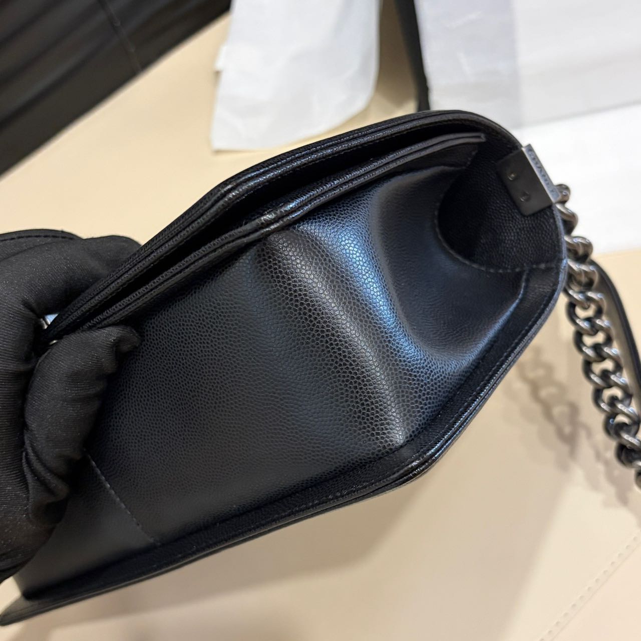 Pre-owned Certified Chanel Medium Boy Bag in Black Caviar Leather with Silver Hardware,  w/ full set