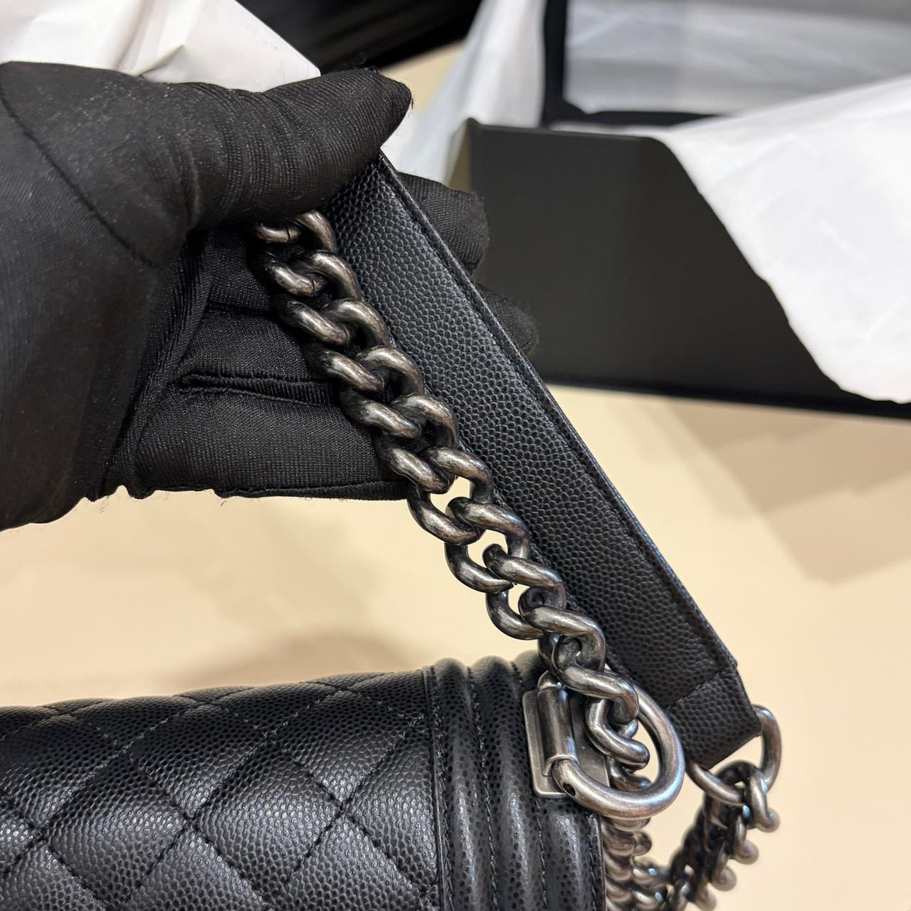 Pre-owned Certified Chanel Medium Boy Bag in Black Caviar Leather with Silver Hardware,  w/ full set