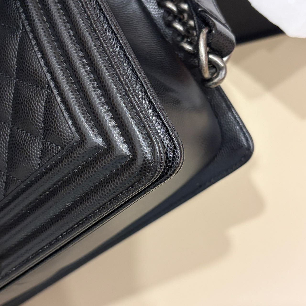 Pre-owned Certified Chanel Medium Boy Bag in Black Caviar Leather with Silver Hardware,  w/ full set