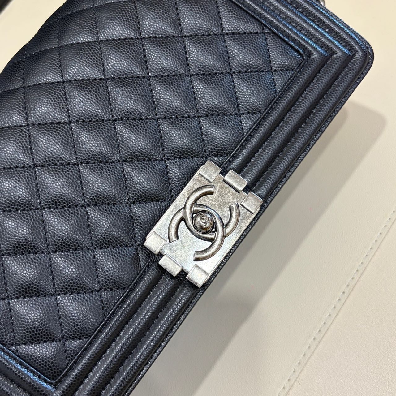 Pre-owned Certified Chanel Medium Boy Bag in Black Caviar Leather with Silver Hardware,  w/ full set