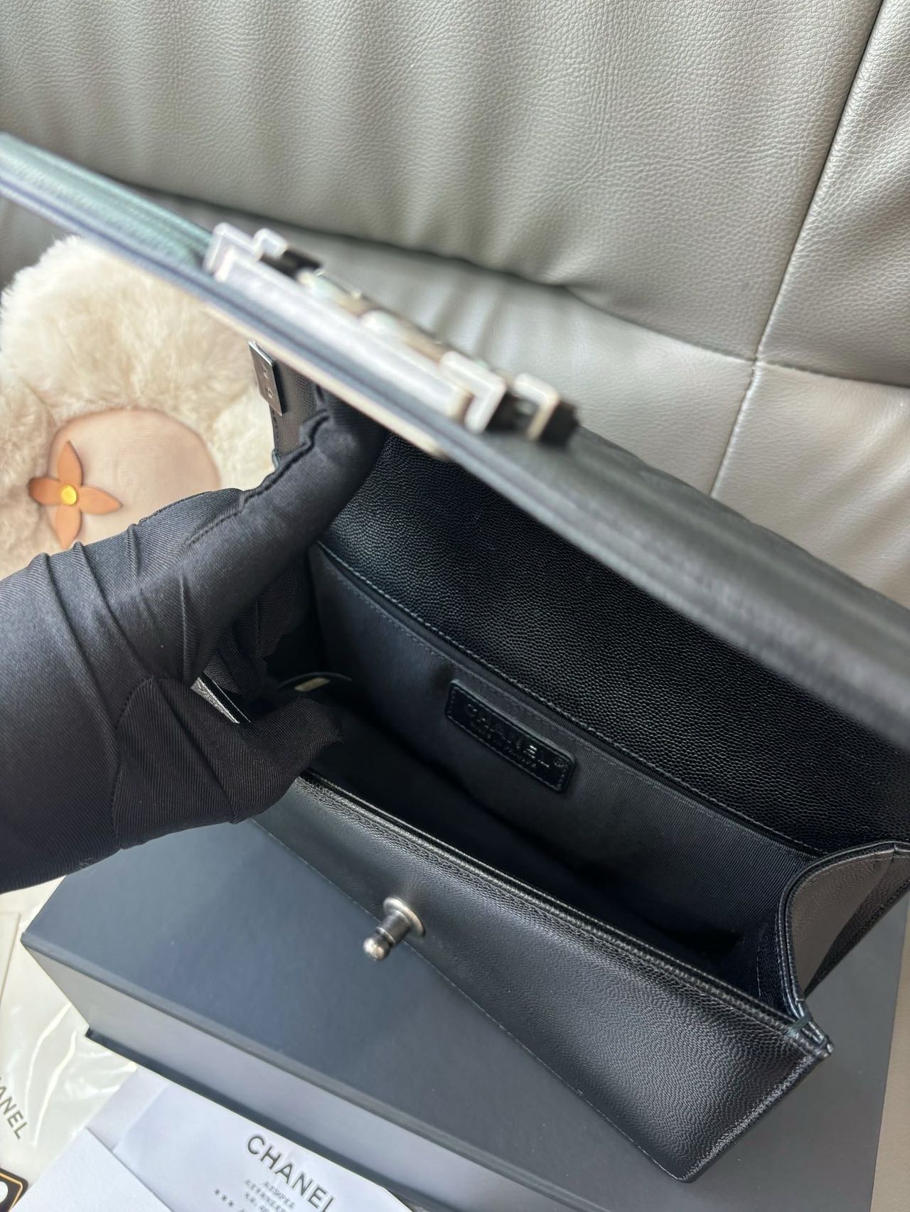 Pre-owned Certified Chanel Medium Boy Bag in Black Caviar Leather with Silver Hardware, 2019-2020,  w/ full set