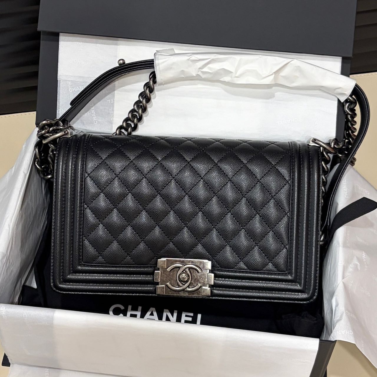 Pre-owned Certified Chanel Medium Boy Bag in Black Caviar Leather with Silver Hardware,  w/ full set