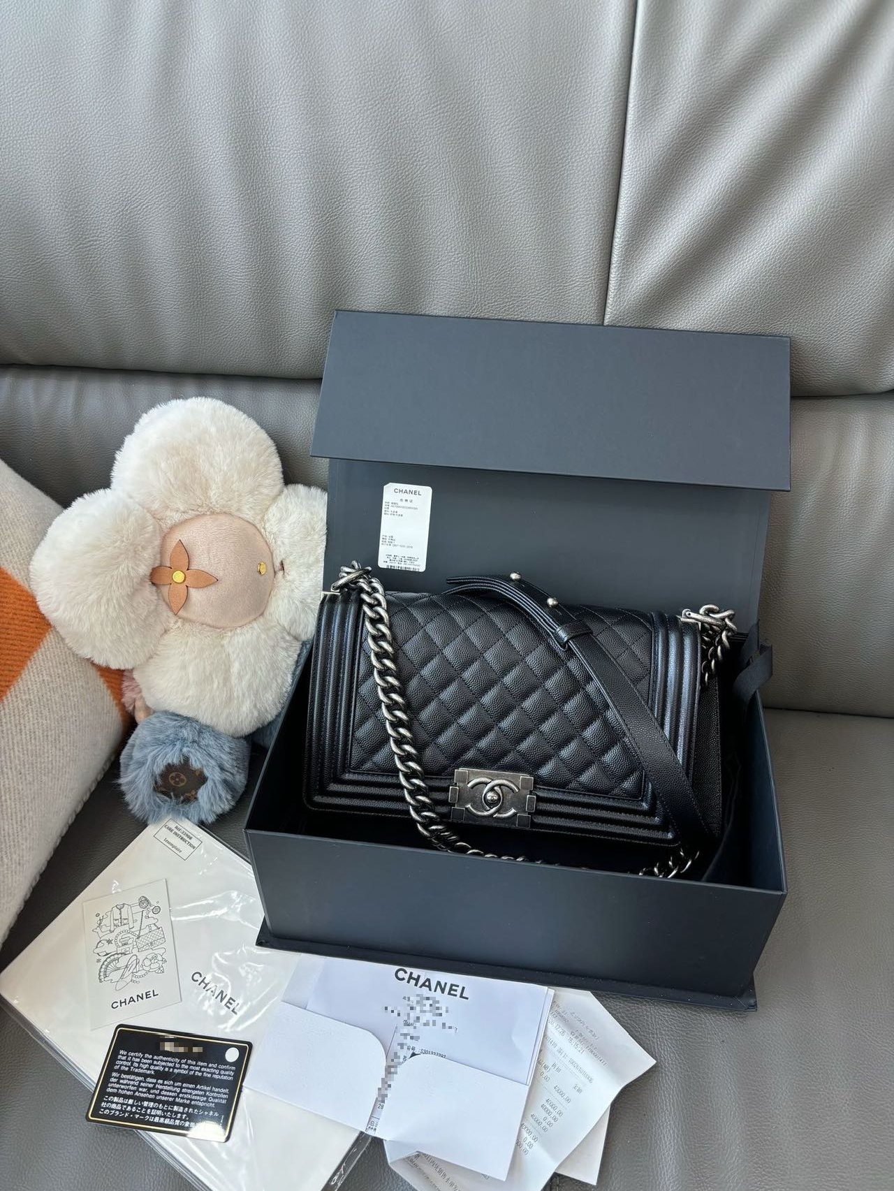 Pre-owned Certified Chanel Medium Boy Bag in Black Caviar Leather with Silver Hardware, 2019-2020,  w/ full set