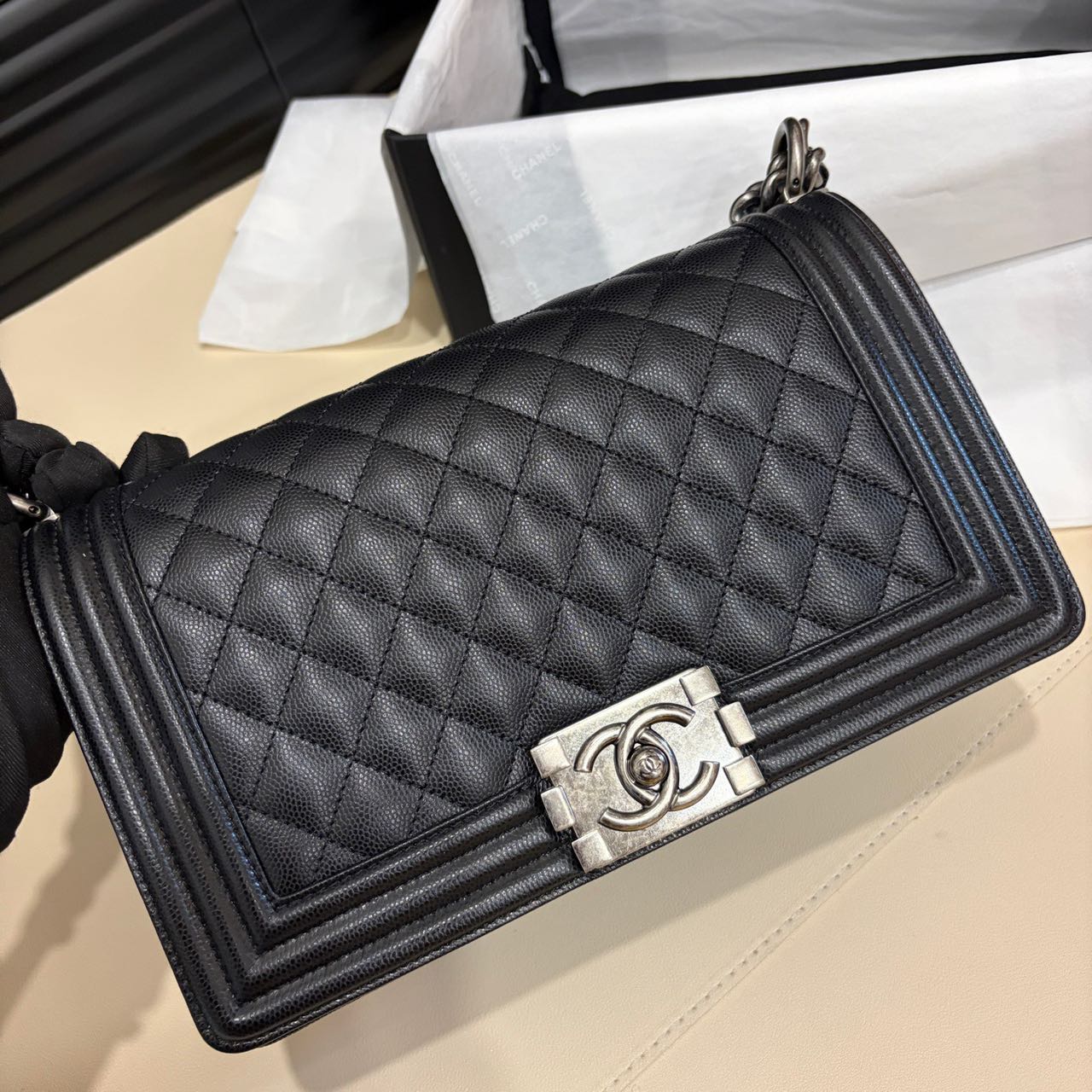 Pre-owned Certified Chanel Medium Boy Bag in Black Caviar Leather with Silver Hardware,  w/ full set