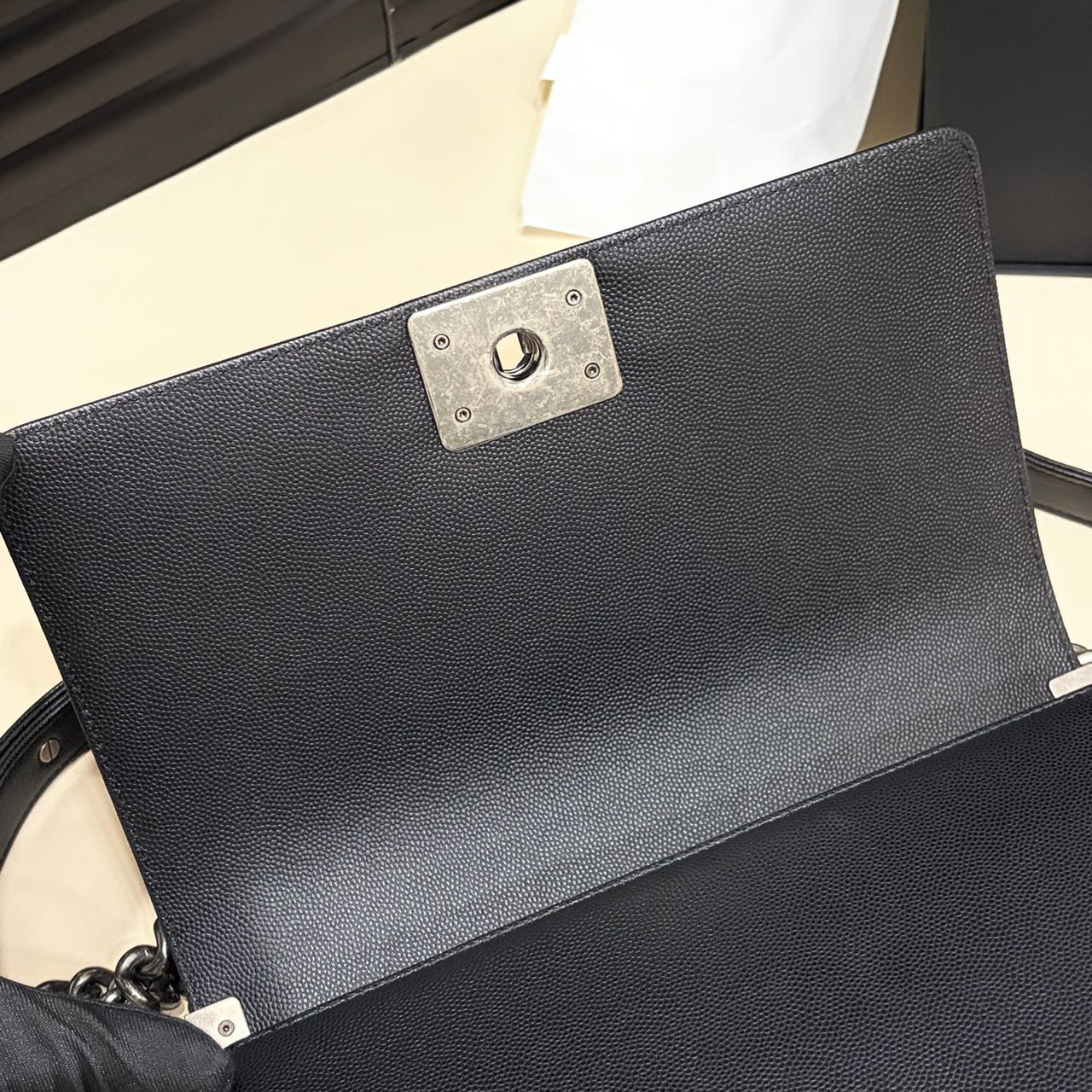 Pre-owned Certified Chanel Medium Boy Bag in Black Caviar Leather with Silver Hardware,  w/ full set