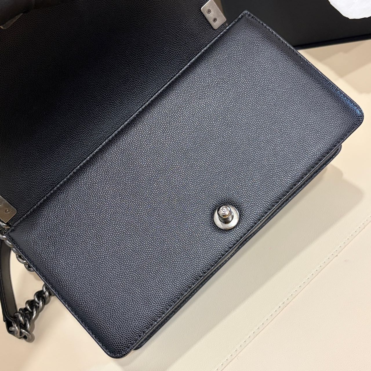 Pre-owned Certified Chanel Medium Boy Bag in Black Caviar Leather with Silver Hardware,  w/ full set