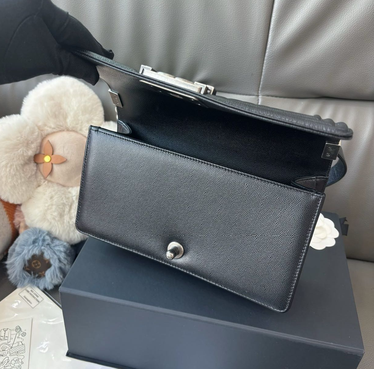 Pre-owned Certified Chanel Medium Boy Bag in Black Caviar Leather with Silver Hardware, 2019-2020,  w/ full set