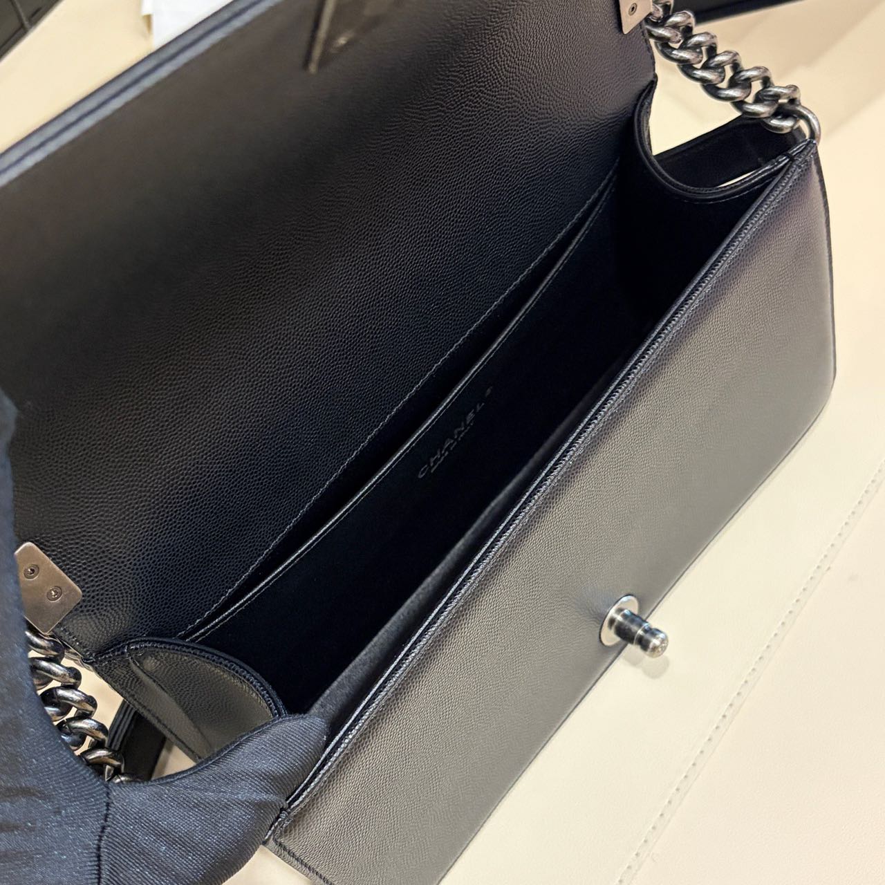 Pre-owned Certified Chanel Medium Boy Bag in Black Caviar Leather with Silver Hardware,  w/ full set