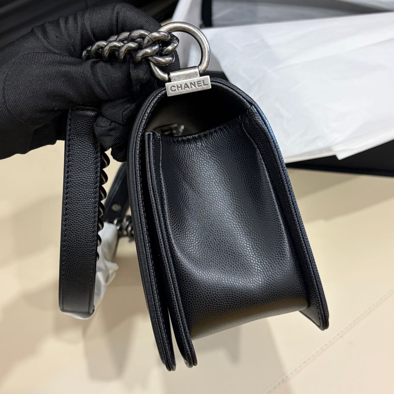 Pre-owned Certified Chanel Medium Boy Bag in Black Caviar Leather with Silver Hardware,  w/ full set