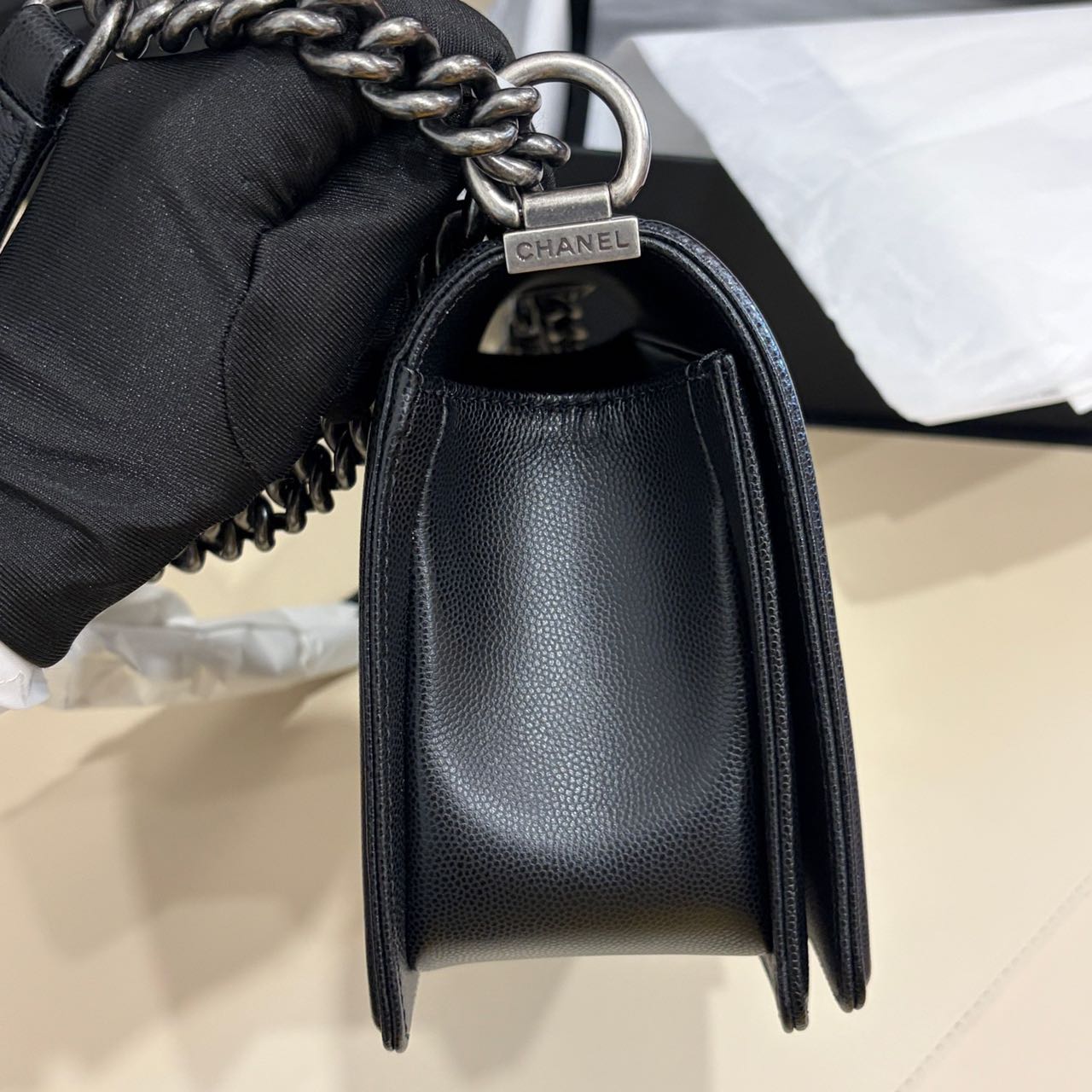 Pre-owned Certified Chanel Medium Boy Bag in Black Caviar Leather with Silver Hardware,  w/ full set