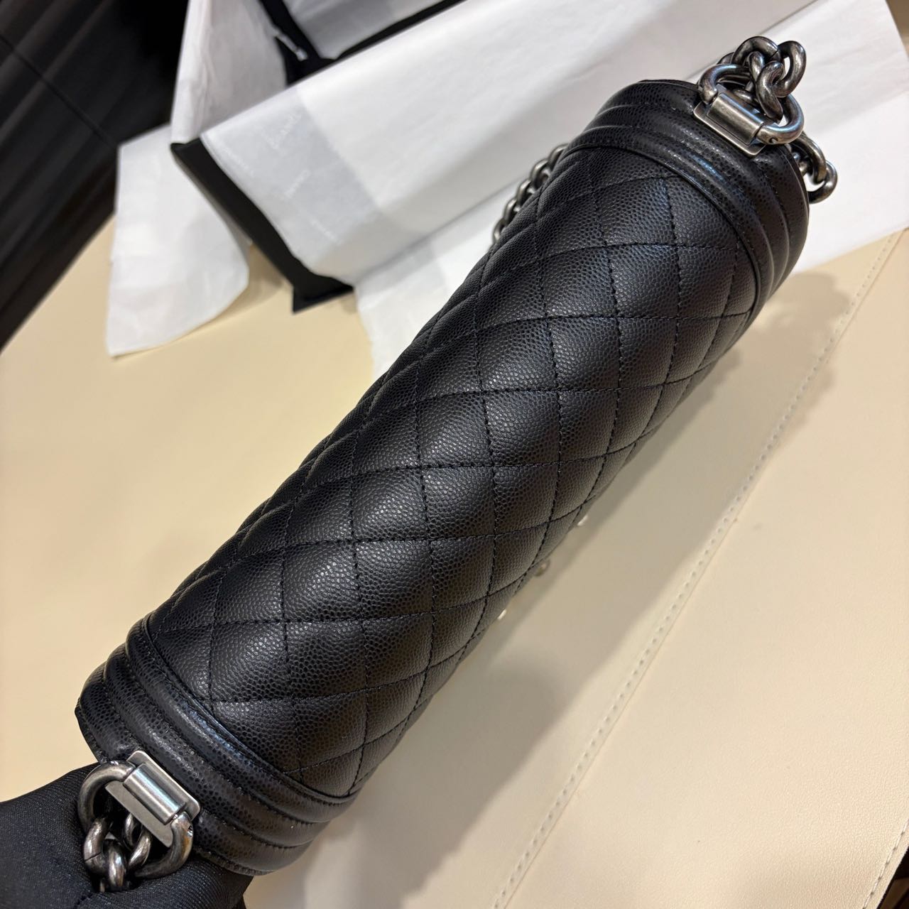 Pre-owned Certified Chanel Medium Boy Bag in Black Caviar Leather with Silver Hardware,  w/ full set