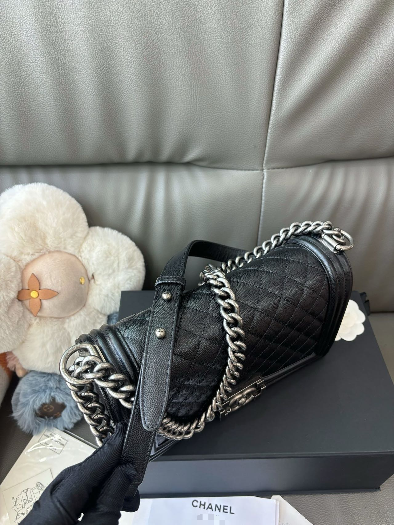 Pre-owned Certified Chanel Medium Boy Bag in Black Caviar Leather with Silver Hardware, 2019-2020,  w/ full set