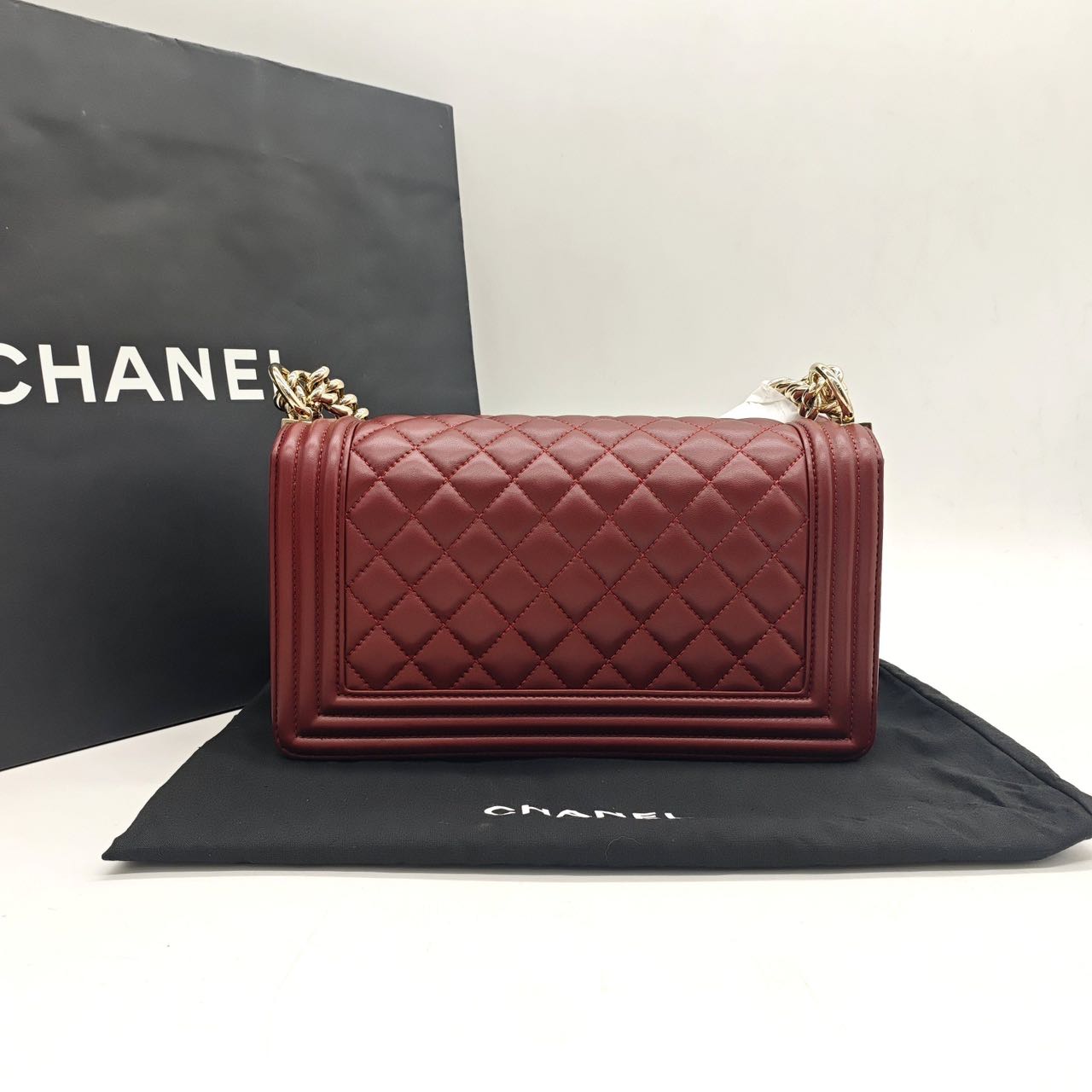 Pre-owned Certified Chanel Medium Boy Bag in Burgundy Leather with Golden Hardware, 2016,  w/ full set